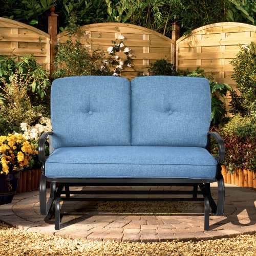 Gymax Patio Swing Glider Chair Rocking Loveseat Bench for 2 Persons w/ Blue Cushions