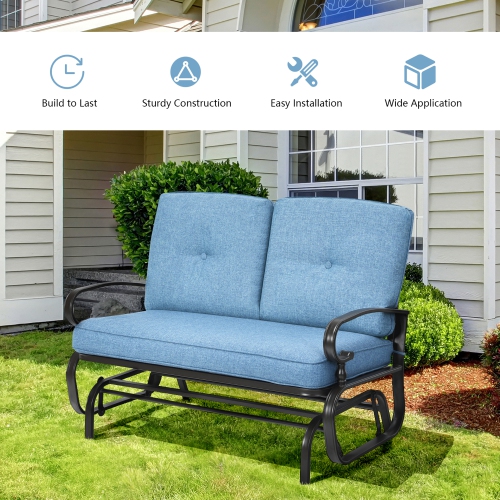 Gymax Patio Swing Glider Chair Rocking Loveseat Bench for 2 Persons w/ Blue Cushions