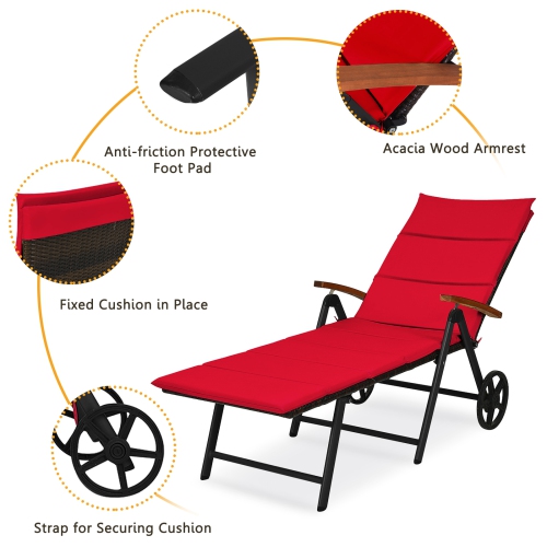 Gymax 2PCS Folding Patio Rattan Lounge Chair Chaise Aluminum W/ Wheel & Red Cushion