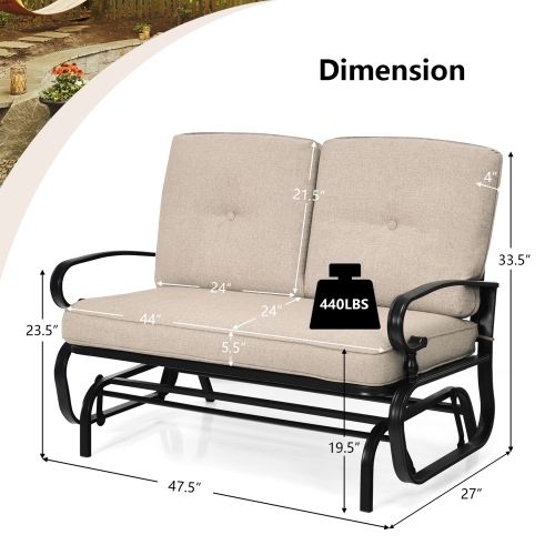 Gymax Patio Swing Glider Chair Rocking Loveseat Bench for 2 Persons w/ Beige Cushions