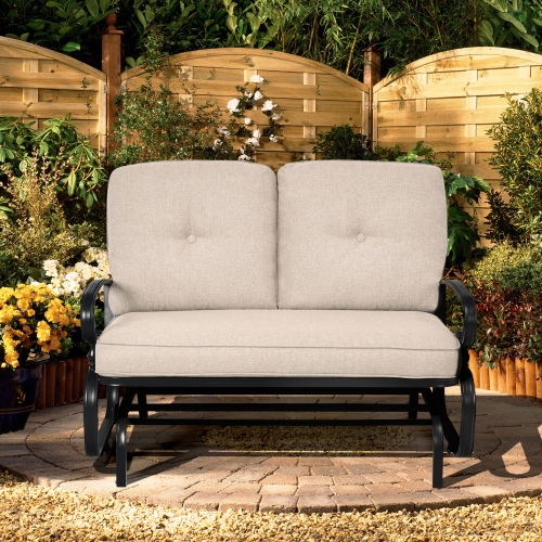 Gymax Patio Swing Glider Chair Rocking Loveseat Bench for 2 Persons w/ Beige Cushions