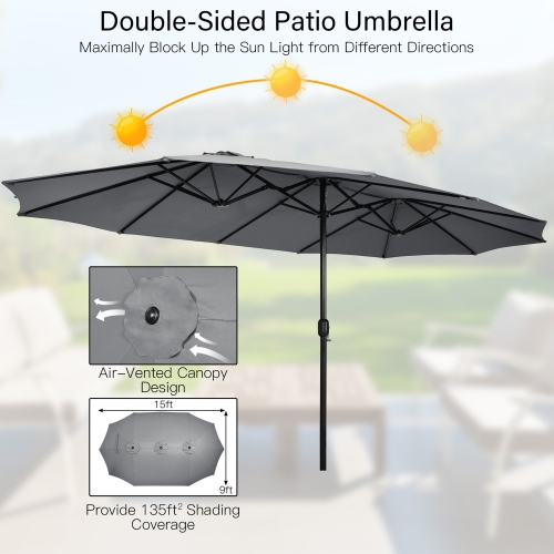 Gymax 15 ft Double-Sided Patio Twin Umbrella Extra-Large Market Umbrella w/ Base