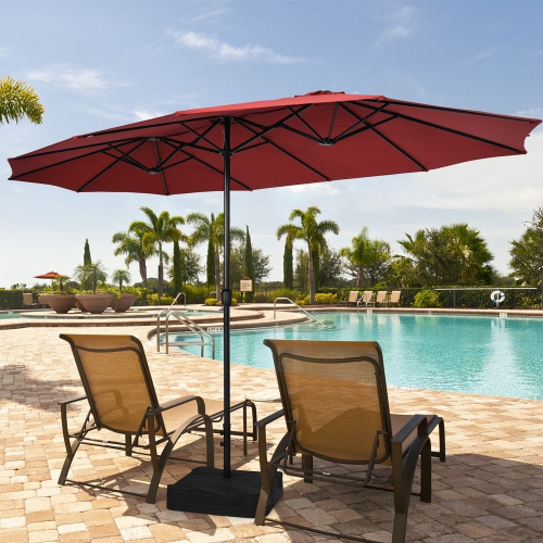 Gymax 15 ft Double-Sided Patio Twin Umbrella Extra-Large Market Umbrella w/ Base