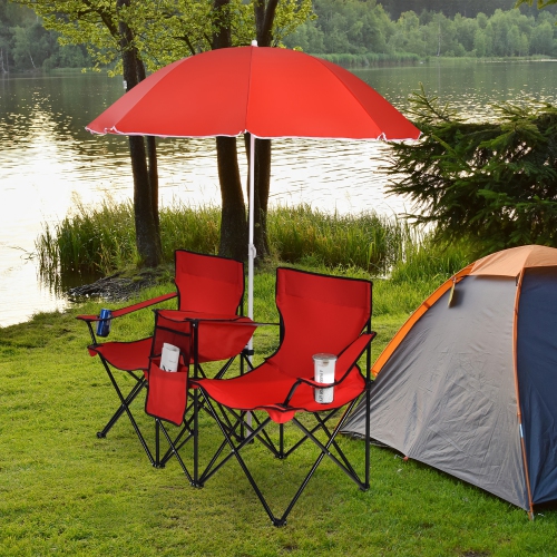 Chaise de pique-nique pliable portative double avec table-parapluie et glacière de Costway pour le camping sur la plage