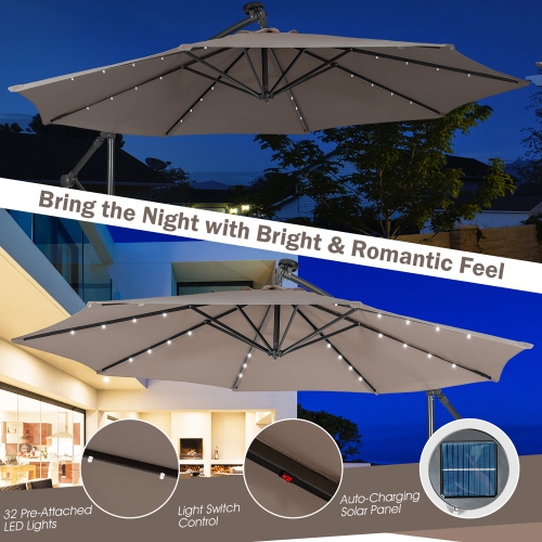 Costway 10FT Cantilever Solar Powered 32LED Lighted Patio Offset Umbrella Outdoor