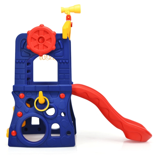 Topbuy 6-in-1 Freestanding Kids Toddler Slide Set with Basketball Hoop&Ring Toss Indoor&Outdoor