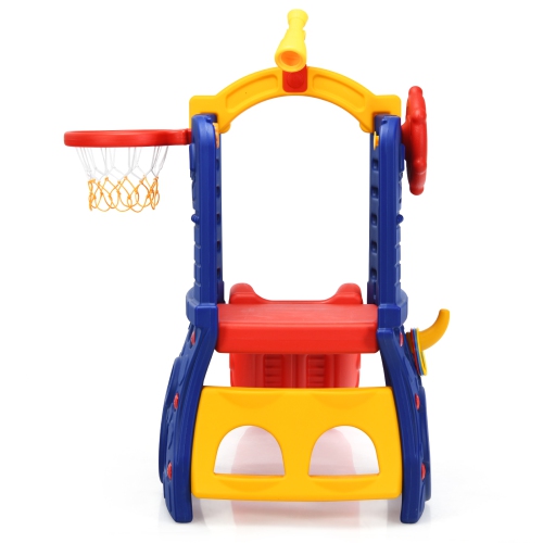 Topbuy 6-in-1 Freestanding Kids Toddler Slide Set with Basketball Hoop&Ring Toss Indoor&Outdoor