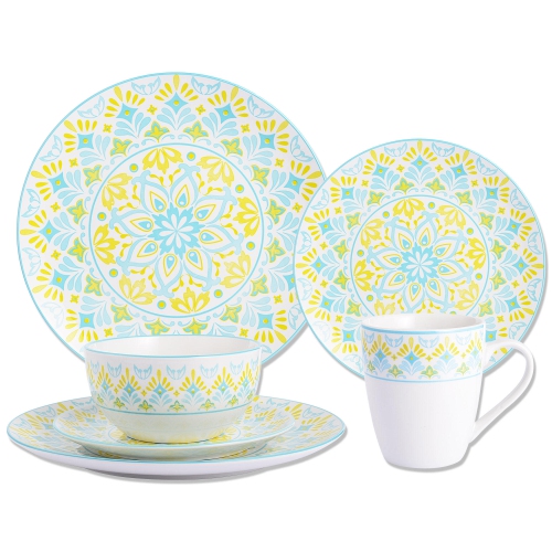 Service de vaisselle rond en porcelaine 16 pièces, service pour 4 avec assiette plate de 10,5 pouces, assiette à salade de 7,5 pouces, bol de 5,6