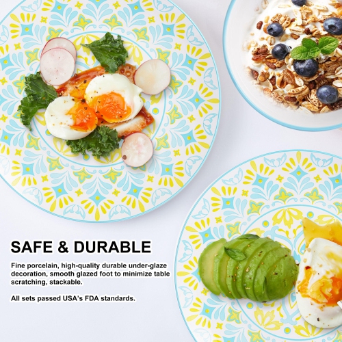 Service de vaisselle rond en porcelaine 16 pièces, service pour 4 avec assiette plate de 10,5 pouces, assiette à salade de 7,5 pouces, bol de 5,6
