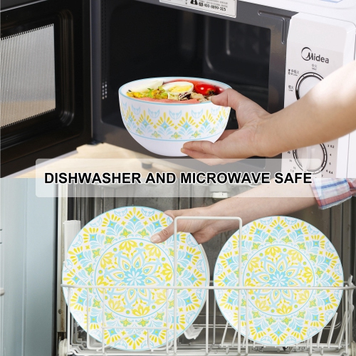 Service de vaisselle rond en porcelaine 16 pièces, service pour 4 avec assiette plate de 10,5 pouces, assiette à salade de 7,5 pouces, bol de 5,6