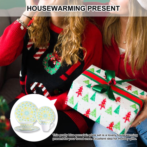 Service de vaisselle rond en porcelaine 16 pièces, service pour 4 avec assiette plate de 10,5 pouces, assiette à salade de 7,5 pouces, bol de 5,6