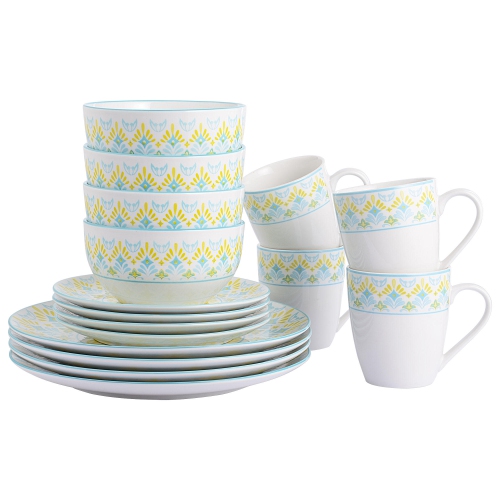 Service de vaisselle rond en porcelaine 16 pièces, service pour 4 avec assiette plate de 10,5 pouces, assiette à salade de 7,5 pouces, bol de 5,6