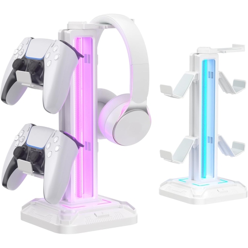 RGB Headphone Stand with 9 Light Modes – Gaming Headset & Controller Holder with Rotating Arm, Detachable Hook, Cable Management, for PC & Console