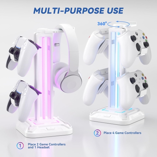 RGB Headphone Stand with 9 Light Modes – Gaming Headset & Controller Holder with Rotating Arm, Detachable Hook, Cable Management, for PC & Console
