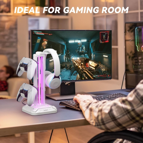 RGB Headphone Stand with 9 Light Modes – Gaming Headset & Controller Holder with Rotating Arm, Detachable Hook, Cable Management, for PC & Console