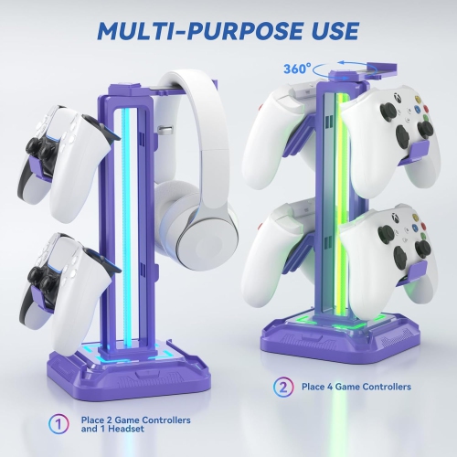 RGB Headphone Stand with 9 Light Modes – Gaming Headset & Controller Holder with Rotating Arm, Detachable Hook, Cable Management, for PC & Console