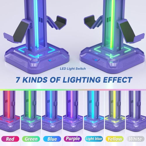 RGB Headphone Stand with 9 Light Modes – Gaming Headset & Controller Holder with Rotating Arm, Detachable Hook, Cable Management, for PC & Console
