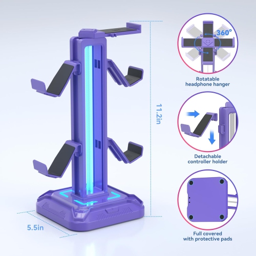 RGB Headphone Stand with 9 Light Modes – Gaming Headset & Controller Holder with Rotating Arm, Detachable Hook, Cable Management, for PC & Console