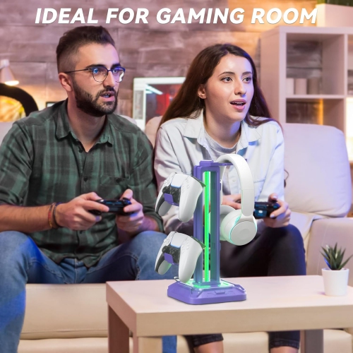 RGB Headphone Stand with 9 Light Modes – Gaming Headset & Controller Holder with Rotating Arm, Detachable Hook, Cable Management, for PC & Console