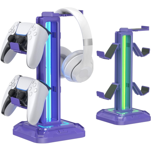 RGB Headphone Stand with 9 Light Modes – Gaming Headset & Controller Holder with Rotating Arm, Detachable Hook, Cable Management, for PC & Console