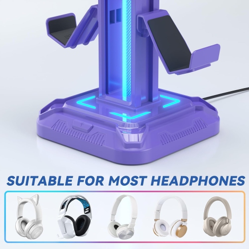 RGB Headphone Stand with 9 Light Modes – Gaming Headset & Controller Holder with Rotating Arm, Detachable Hook, Cable Management, for PC & Console