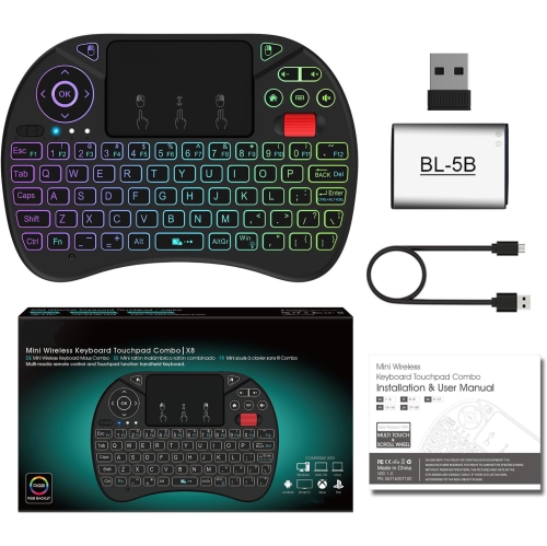 Mini Wireless Keyboard with Touchpad & Scroll Button – RGB Backlit, Rechargeable Remote for Android TV, Smart TV, PC, Raspberry Pi, KODI, Projector