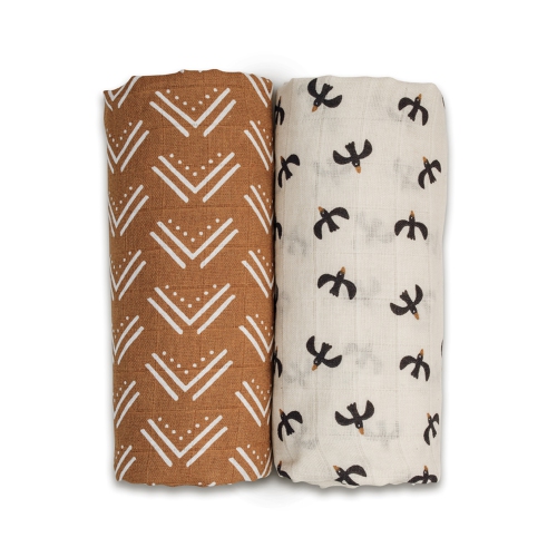 Lulujo - Boho - Swaddles de coton 2pk Swaddles Budge / oiseaux noirs