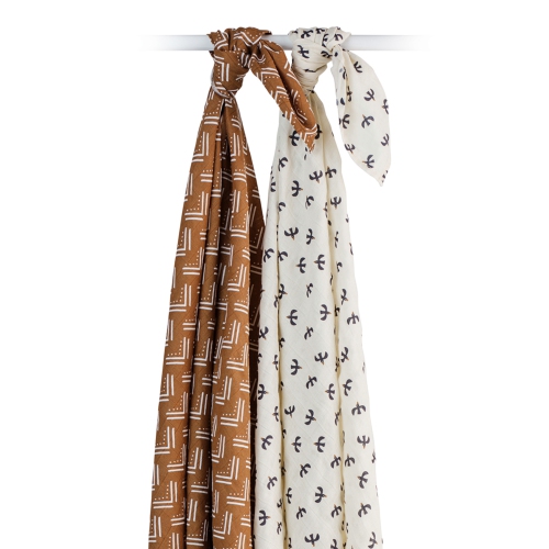 Lulujo - Boho - Swaddles de coton 2pk Swaddles Budge / oiseaux noirs