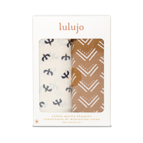 Lulujo - Boho - Swaddles de coton 2pk Swaddles Budge / oiseaux noirs