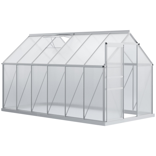 Serre en polycarbonate de 6 x 12 x 6,5 pi, maison verte avec évent de toit réglable, base galvanisée, porte coulissante et gouttière pour l'extérieur