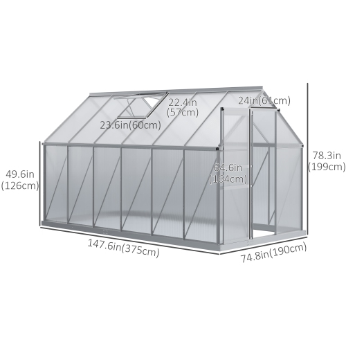 Outsunny 6' x 12' x 6.5' Polycarbonate Greenhouse, Walk-in Green House with Adjustable Roof Vent, Galvanized Base, Sliding Door and Rain Gutter for
