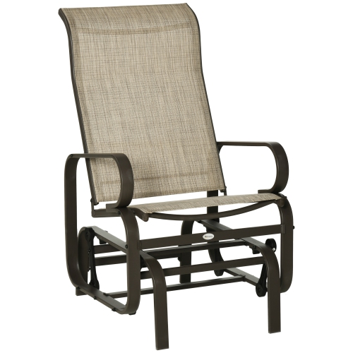 Image 1 of 9.. Outsunny Patio Glider with Breathable Mesh Fabric, Outdoor Glider Chair, Garden Rocking Gliding Seat for Patio, Yard, Porch, Brown Flaxen