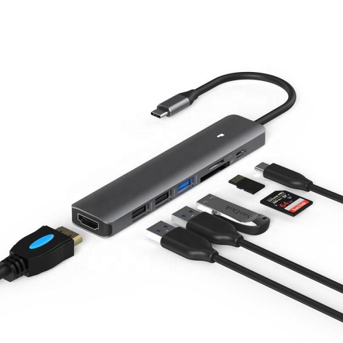 Adaptateur USB C 7-en-1 Type C Hub vers HDMI Plug & Play 3 ports USB, lecteurs de cartes SD/TF - PrimeCables®