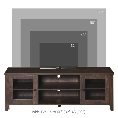 HOMCOM Meuble TV banc TV design vintage - 2 placards avec portes en verre trempé, 2 niches, 2 passe-fils, grand plateau - dim. 55"L x 15.5"l x