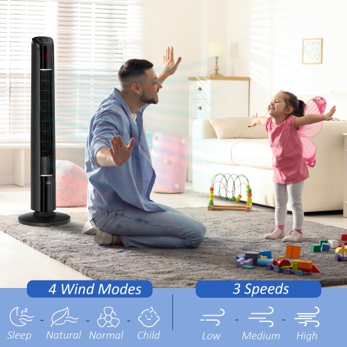 HOMCOM Freestanding Tower Fan Cooling for Home Bedroom with 3 Speed, 12h Timer, Oscillating, Tilt, LED Panel, Remote Controller, Black