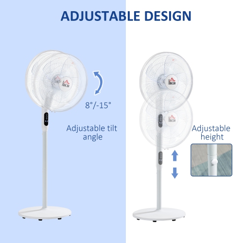 HOMCOM 16" Pedestal Fan with Remote Control, Height Adjustable, Tilted Head, Timer, Oscillating Standing Fan, Stand Floor Fans for Bedroom, White