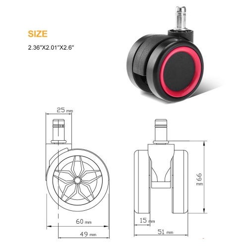 Universal Chair Replacement Casters, Set of 5 compatible with office chair, gaming chair, computer desk chair- Red