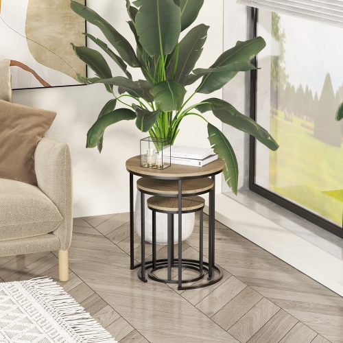 HOMCOM – Ensemble de 3 tables gigognes, table basse ronde, tables d’appoint empilables modernes avec cadre en acier de grain de bois pour salon,