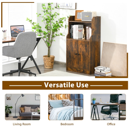 Gymax Storage Cabinet Bookcase w/2 Doors and Open Shelves Display Shelf Rustic Brown