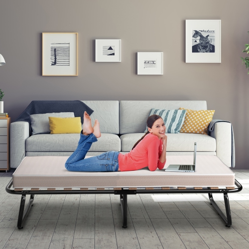 Gymax Portable Folding Guest Bed Cot with Memory Foam Mattress Twin Size Made in Italy