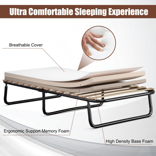 Gymax Portable Folding Guest Bed Cot with Memory Foam Mattress Twin Size Made in Italy