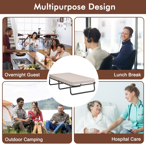 Gymax Portable Folding Guest Bed Cot with Memory Foam Mattress Twin Size Made in Italy