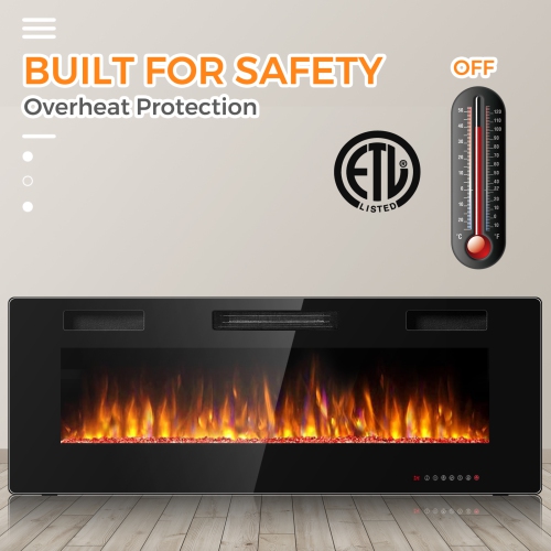 Topbuy 50" Recessed Electric Fireplace 750W/1500W heater in Wall Remote Control w/Timer Available Flame