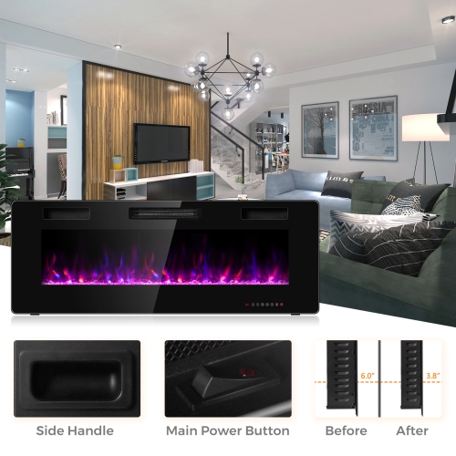 Topbuy 50" Recessed Electric Fireplace 750W/1500W heater in Wall Remote Control w/Timer Available Flame
