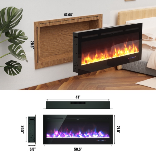 Topbuy 36"/40"/50" Recessed Electric Fireplace Wall Mounted Heater w/Remote Control 750W/1500W mode Adjustable Flame