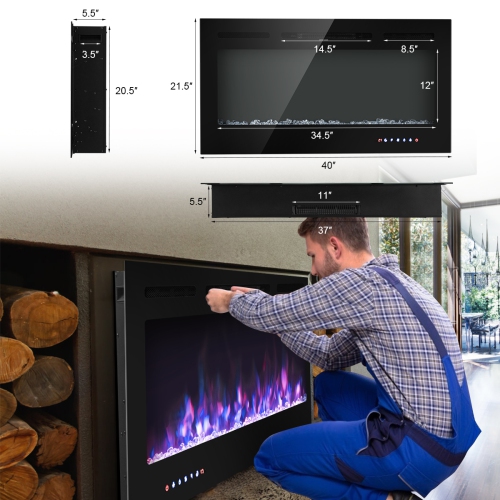 Topbuy 36"/40"/50" Recessed Electric Fireplace Wall Mounted Heater w/Remote Control 750W/1500W mode Adjustable Flame