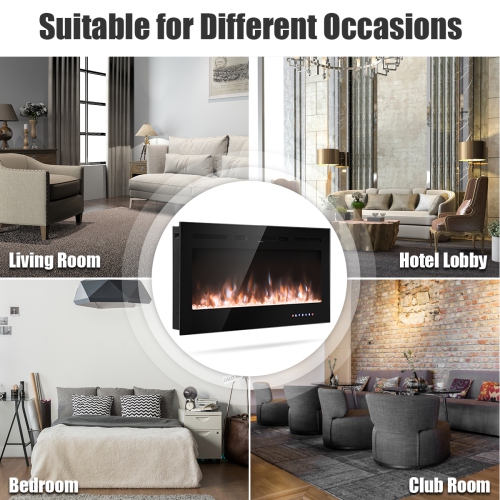 Topbuy 36"/40"/50" Recessed Electric Fireplace Wall Mounted Heater w/Remote Control 750W/1500W mode Adjustable Flame