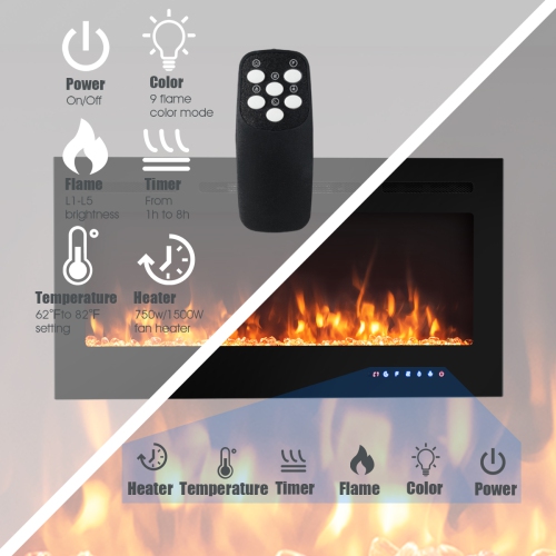 Topbuy 36"/40"/50" Recessed Electric Fireplace Wall Mounted Heater w/Remote Control 750W/1500W mode Adjustable Flame