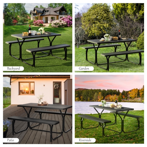 Patiojoy Outdoor Picnic Table Bench Set Patio Camping Table w/Steel Frame & Wood Texture Tabletop for Garden