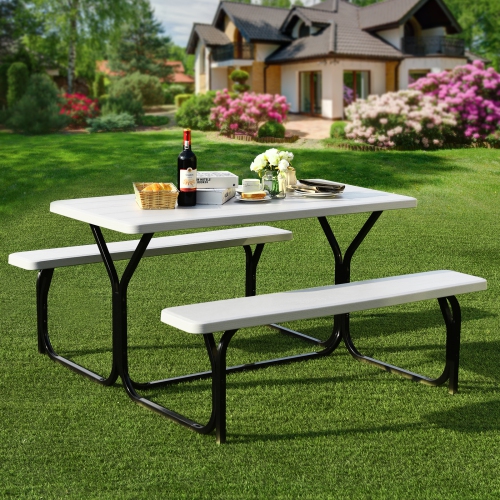 Patiojoy Outdoor Picnic Table Bench Set Patio Camping Table w/Steel Frame & Wood Texture Tabletop for Garden